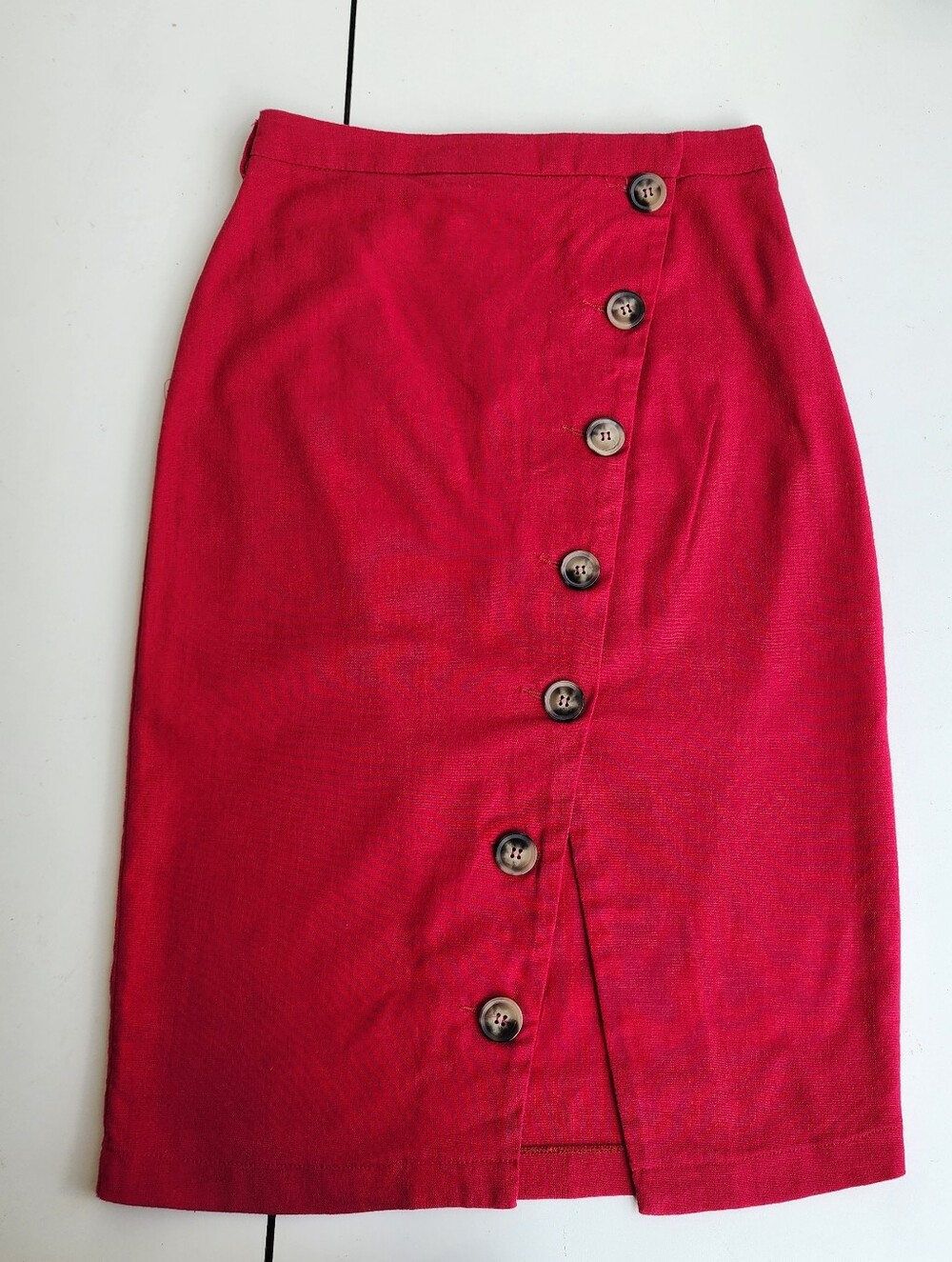 Lush Red Linen Cotton Pencil Skirt Red Straight Button Front Detail Lined Sz S